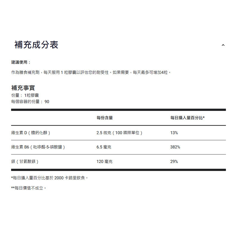 甘氨酸鎂 – 120 毫克包括維生素 D3 和 B6 – 90 粒素食膠囊