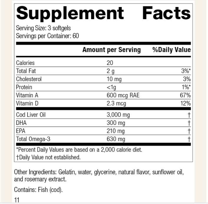 Cod Liver Oil, 180 Softgels鱼肝油， 180 软胶囊